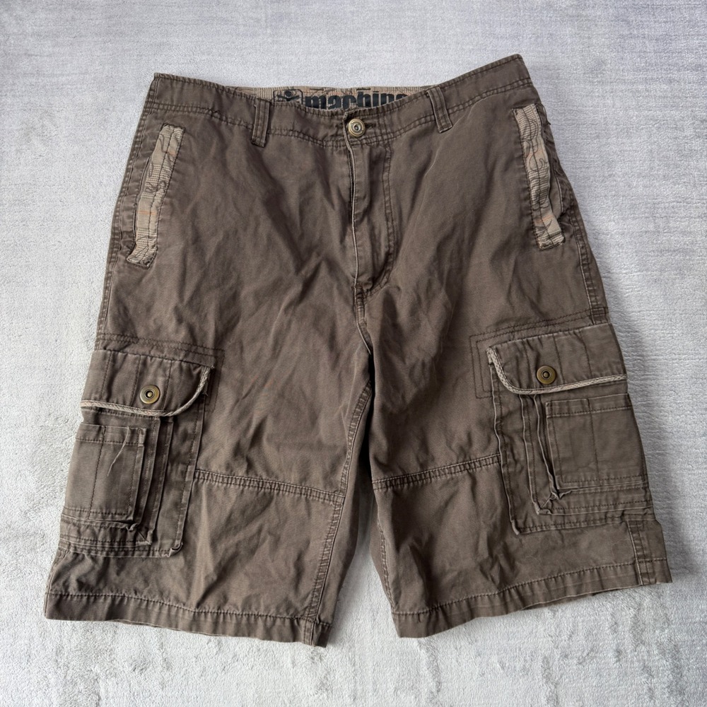 Machine Shorts Mens 34 Brown Cargo Multi Pocket Y2K Plaid Trim Utility Skater